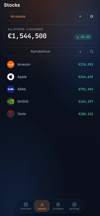 The Stocks screen: the list total of &euro;1,544,500 across five holdings with the day&rsquo;s move in a green pill, above the holdings themselves.
