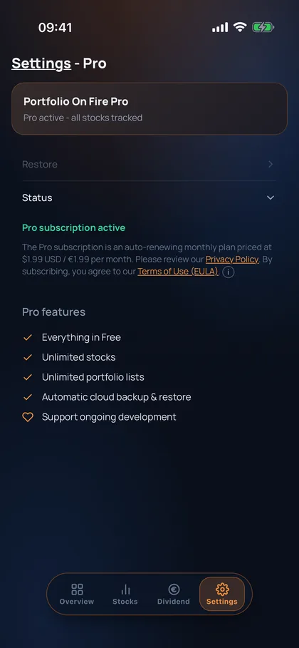 Settings showing an active Pro subscription and the list of Pro features.